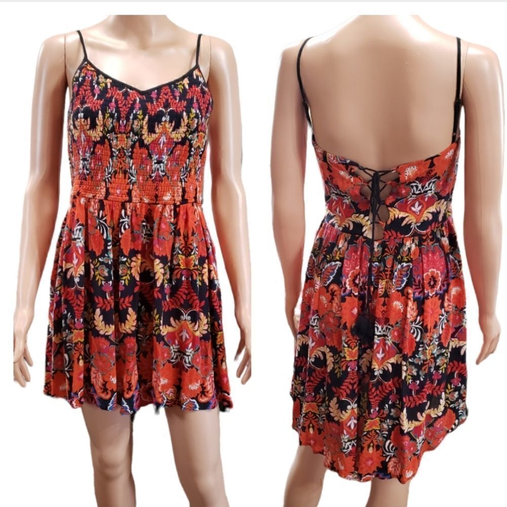 Band of Gypsies Orange Print Lace Up Back Hi-Low Dress SMALL